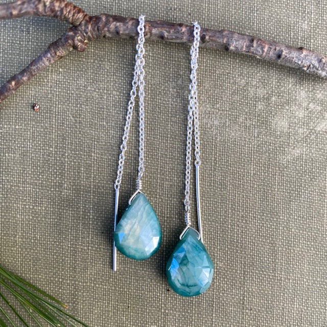 NEW Mystic Blue Moonstone Threader Dangle Earrings